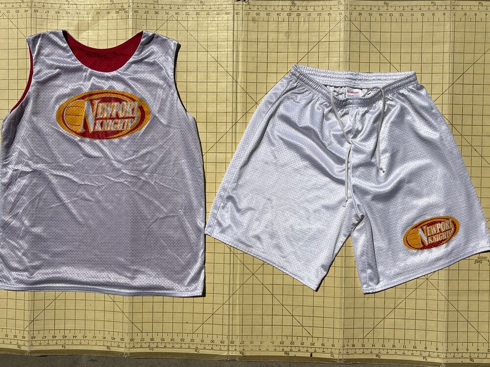 Vtg Newport Knights Basketball Uniform Jersey Shorts white Red Dazzle Mesh L USA